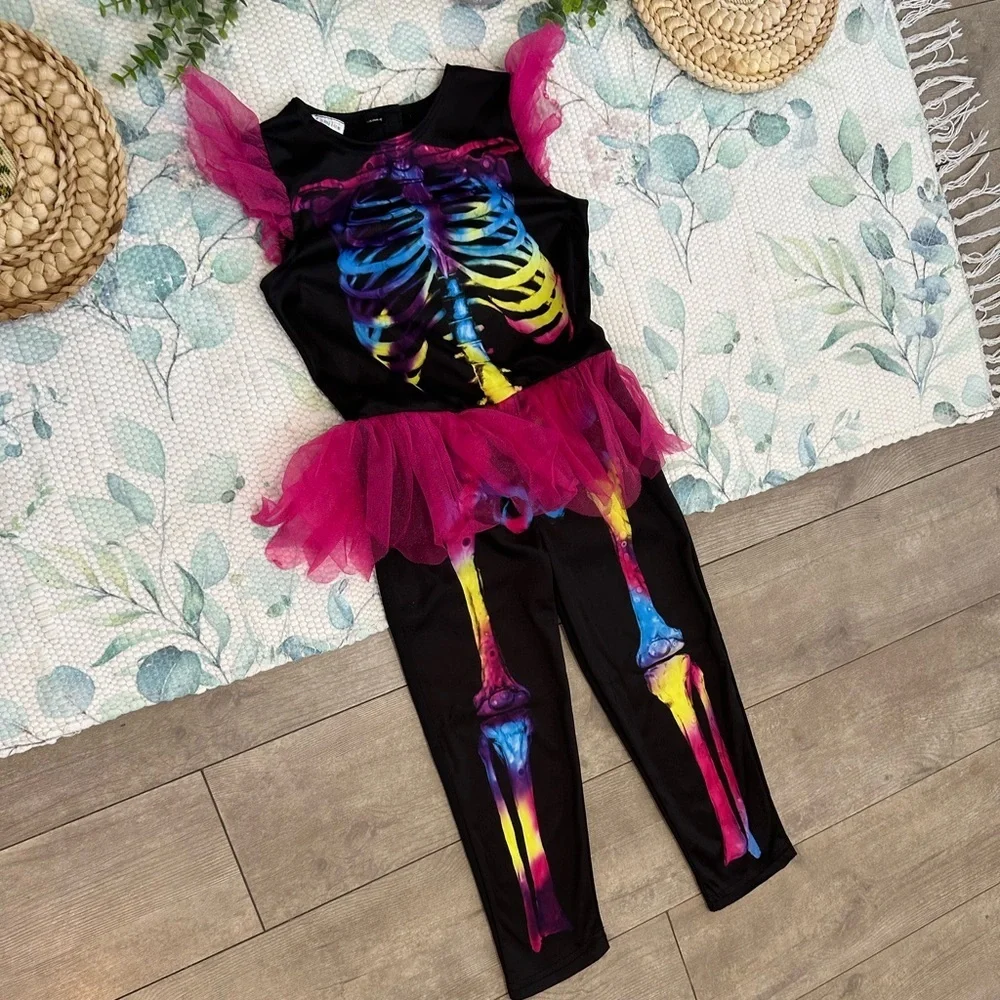 Vintage Halloween Costume Black Vibrant Colored Skeleton Jumpsuit Romper Girls